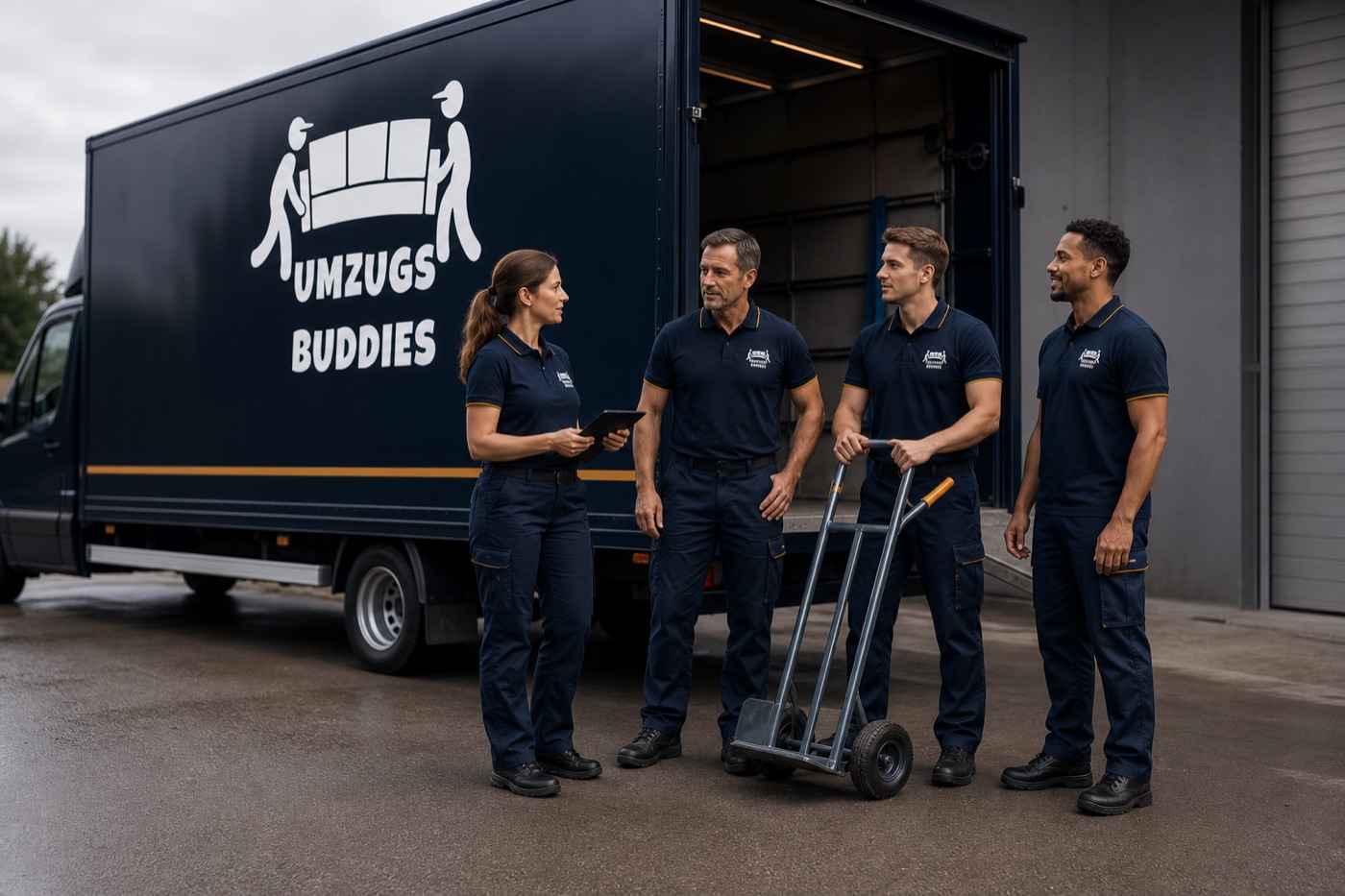 Vier Umzugsprofis besprechen den nächsten Auftrag am Transporter