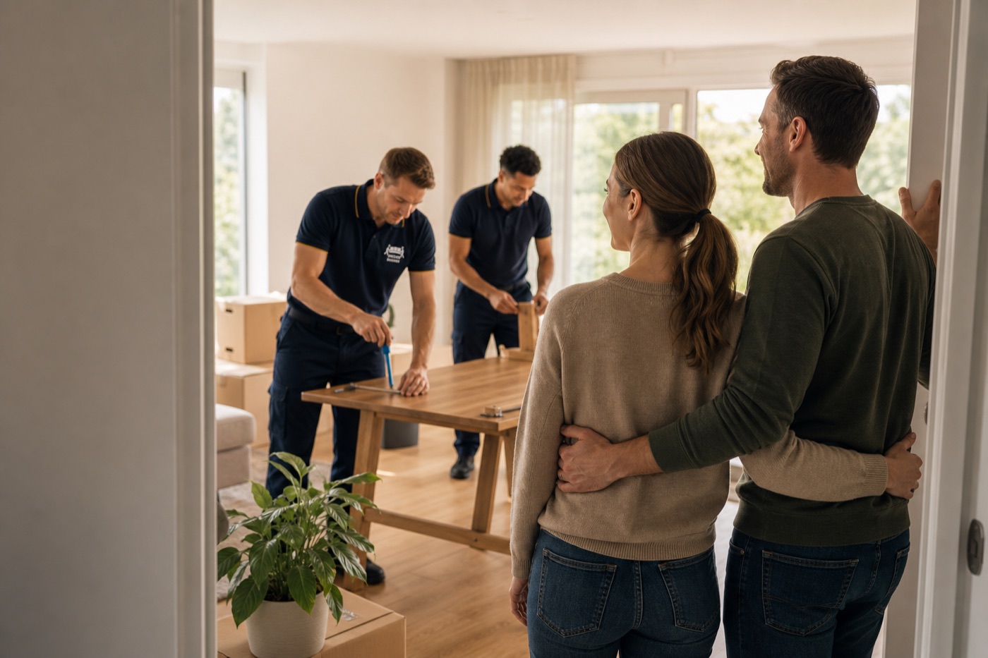 Umzugsteam montiert Möbel in einem hellen neuen Zuhause